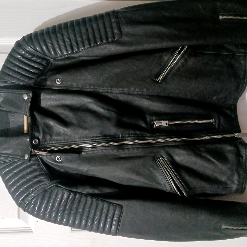 All Saints Black Quilted Sleeve Leather Bomber Jacket